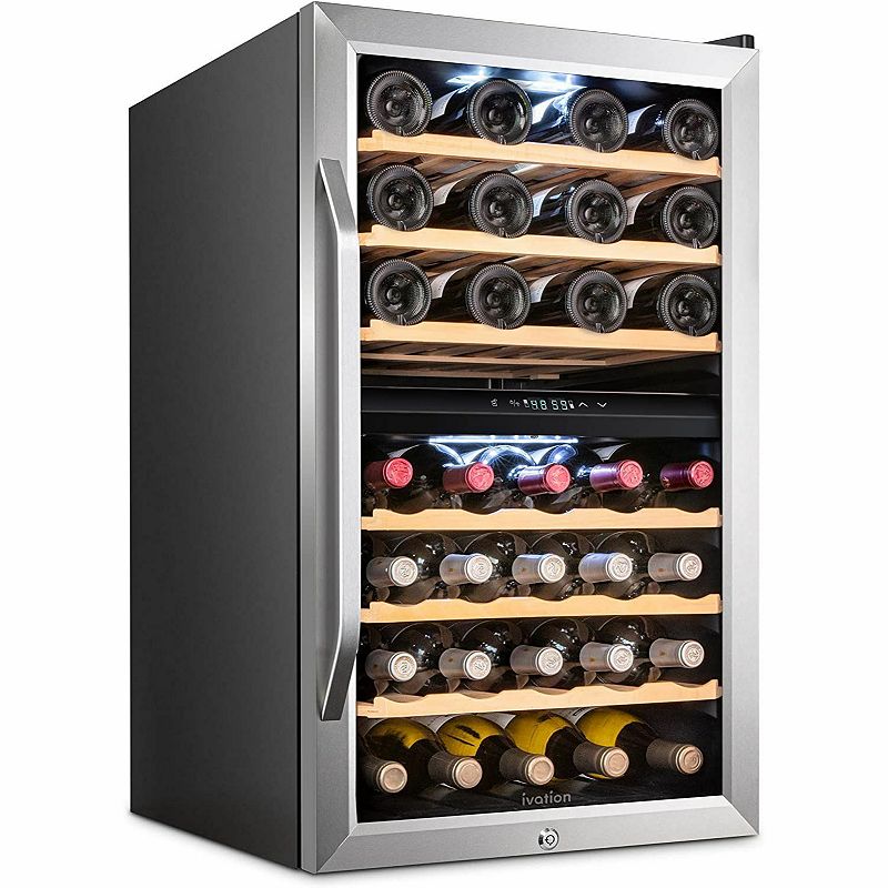 Ivation 43-Bottle Dual Zone Wine Cooler， Freestanding Wine Fridge with Lock