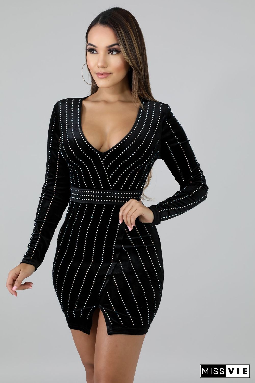 Hot Drilling Long Sleeve V Neck Bodycon Mini Dress