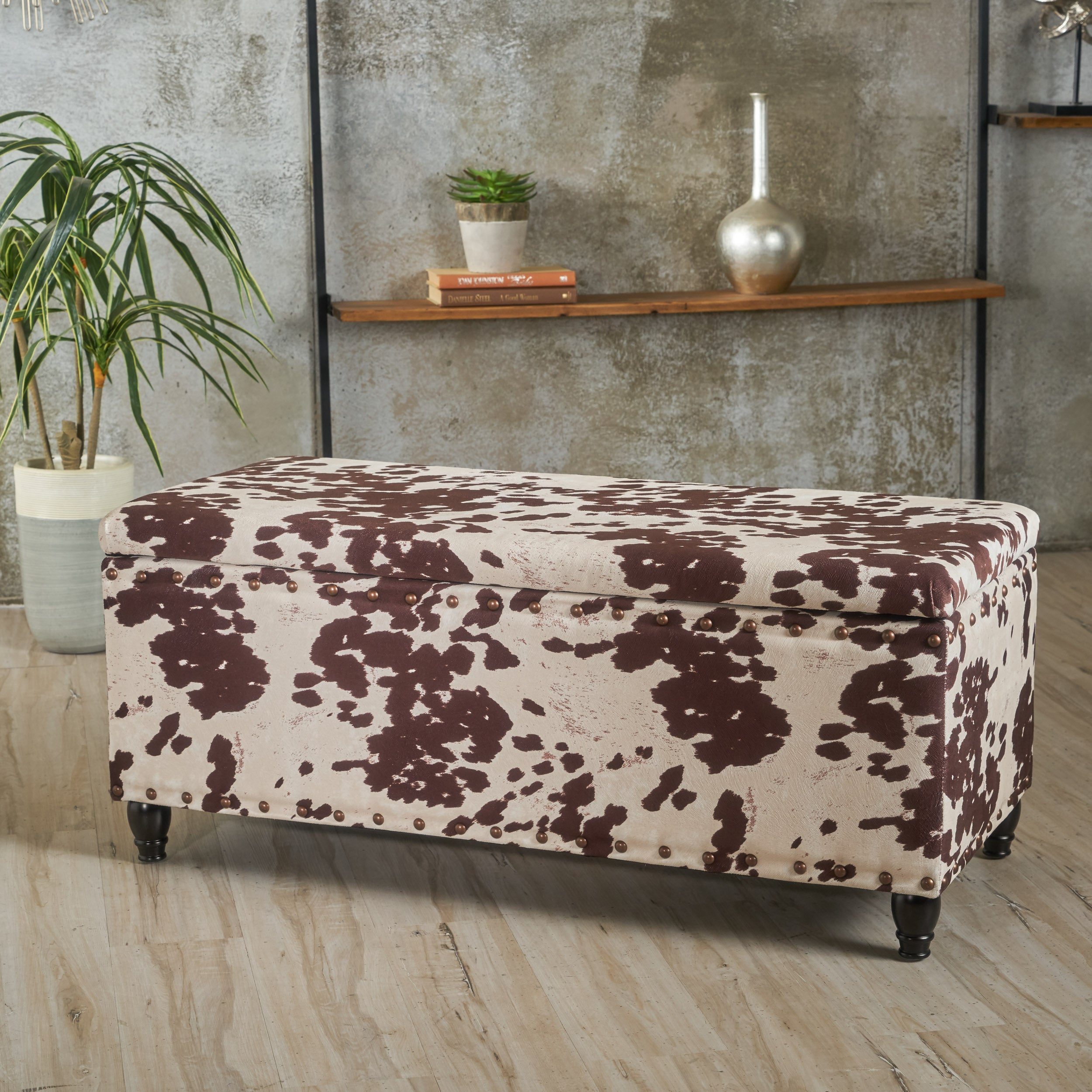 Tatiana Contemporary Velvet Storage Ottoman with Nailhead Trim, Milk Cow Pattern and Dark Brown