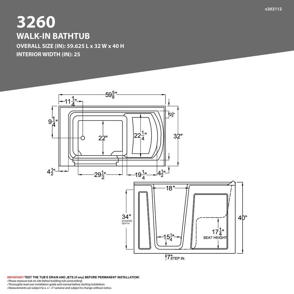 Universal Tubs HD Series 60 in. Left Drain Quick Fill Walk-In Whirlpool and Air Bath Tub with Powered Fast Drain in White HD3260LWD