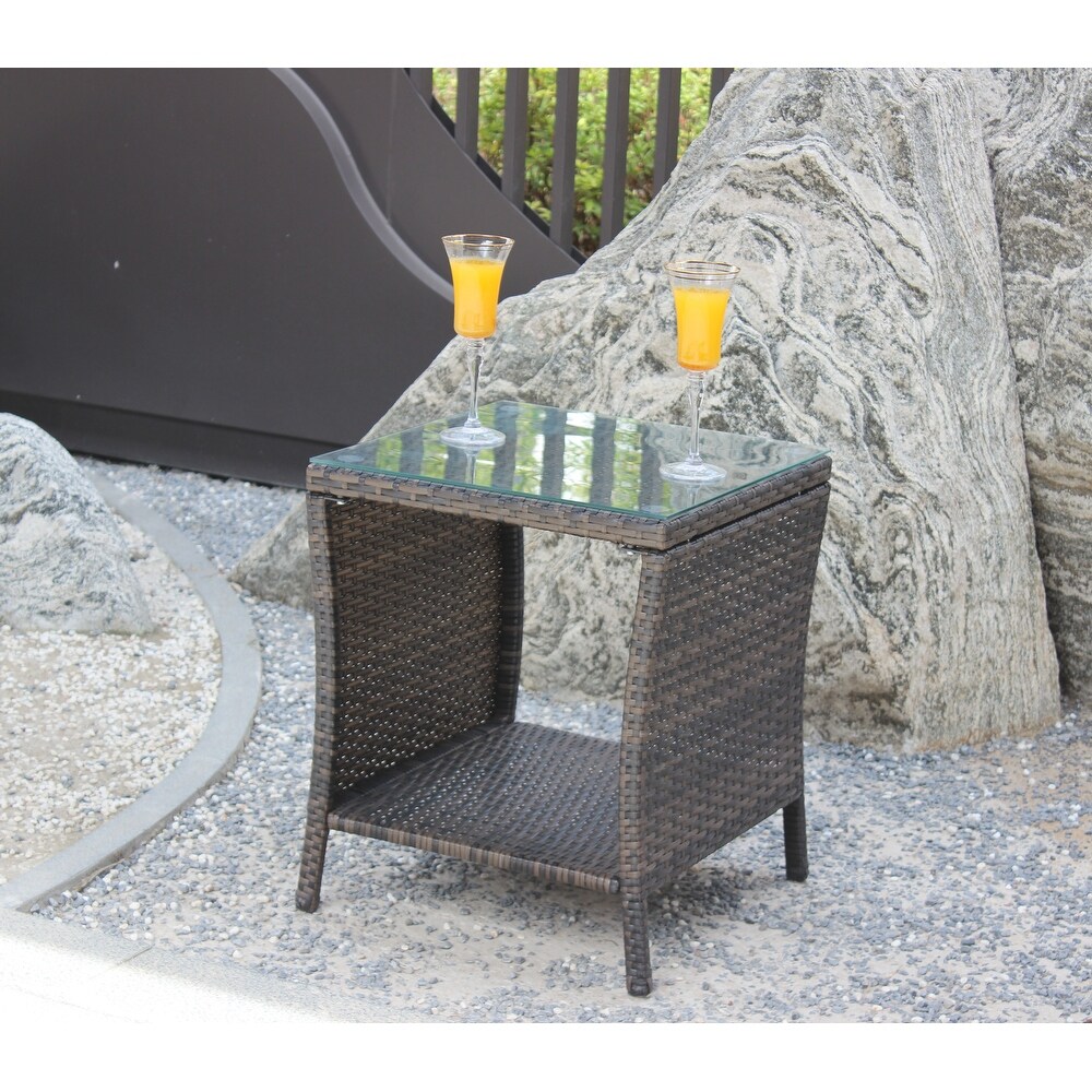 Outdoor Patio Coffee Table Brown Wicker Side Table with Tempered Glass Tabletop and 1 Shelf Tbale for Outdoor Garden