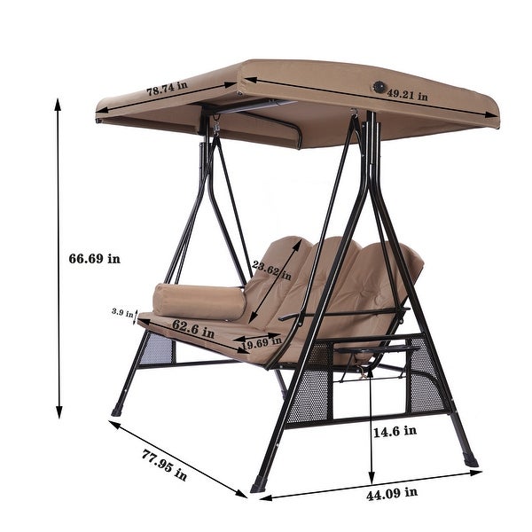 3 Seats Luxury Outdoor Porch Swing Chair With Cup Holders and Adjustable Canopy