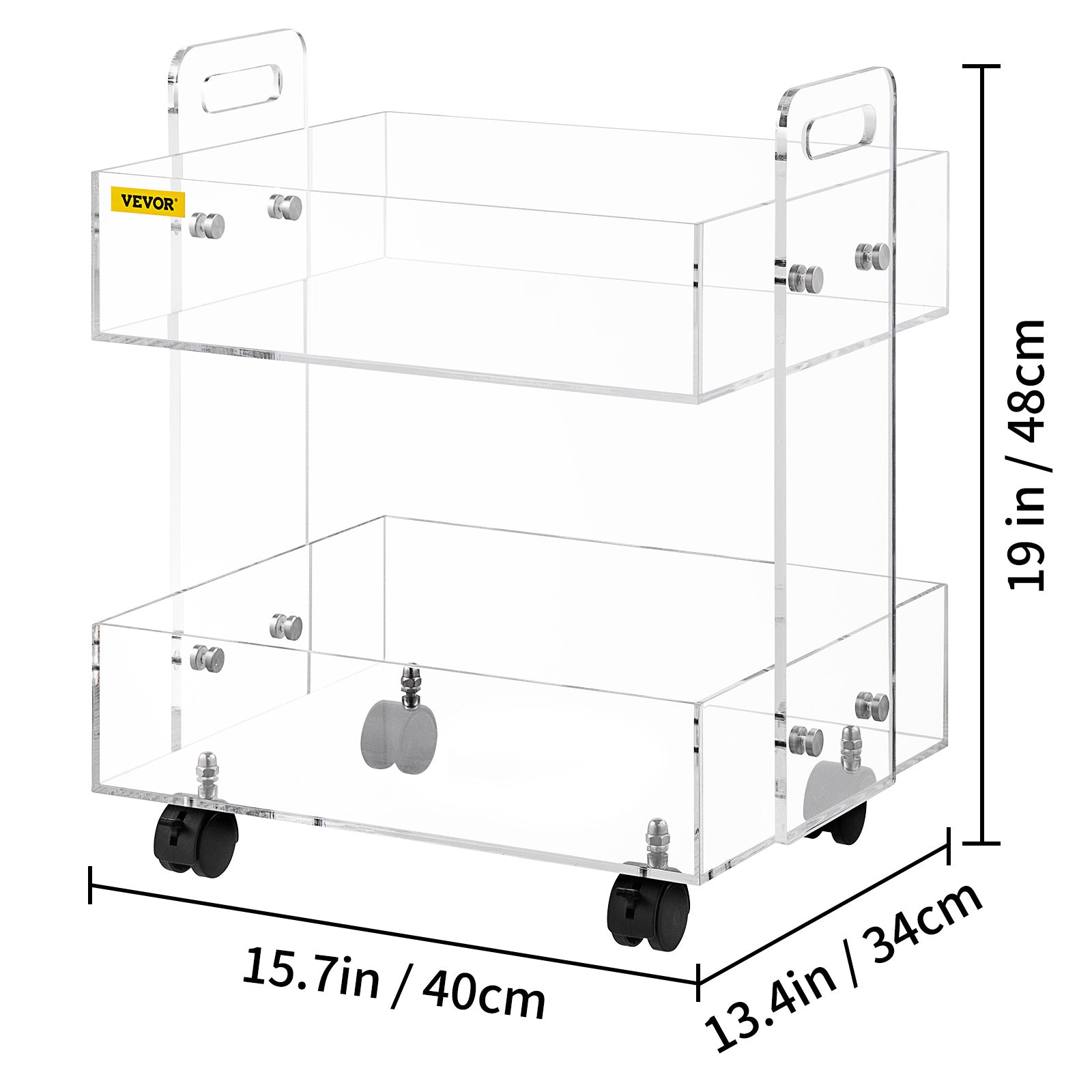 VEVOR Acrylic Cart， 2 Tier， 0.3 in Thickened Board， Holds Up to 66 lbs， Acrylic Side Table with Lockable Swivel Wheels， for Office School Home， 13.4 x 15.7 x 19