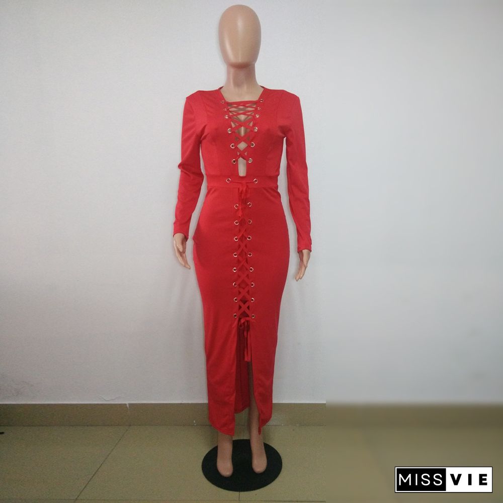 Red Long Sleeves Lace-up Skinny Maxi Dress