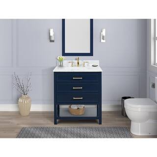 TILE  TOP Uptown 30 in.W x 22 in.D x34.75 in.H Bath Vanity in Navy Blue with Carrara Marble Vanity Top in White with White Basin TH0856