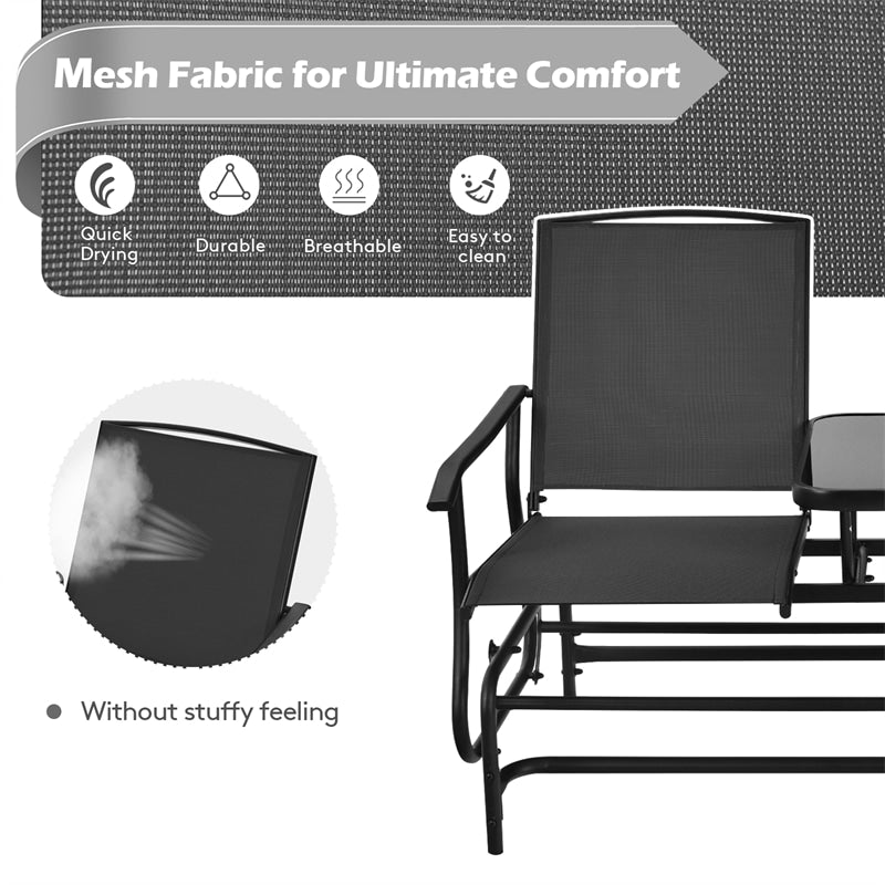 Outdoor 2-Person Rocking Loveseat Patio Bench Glider Chair with Center Tempered Glass Table