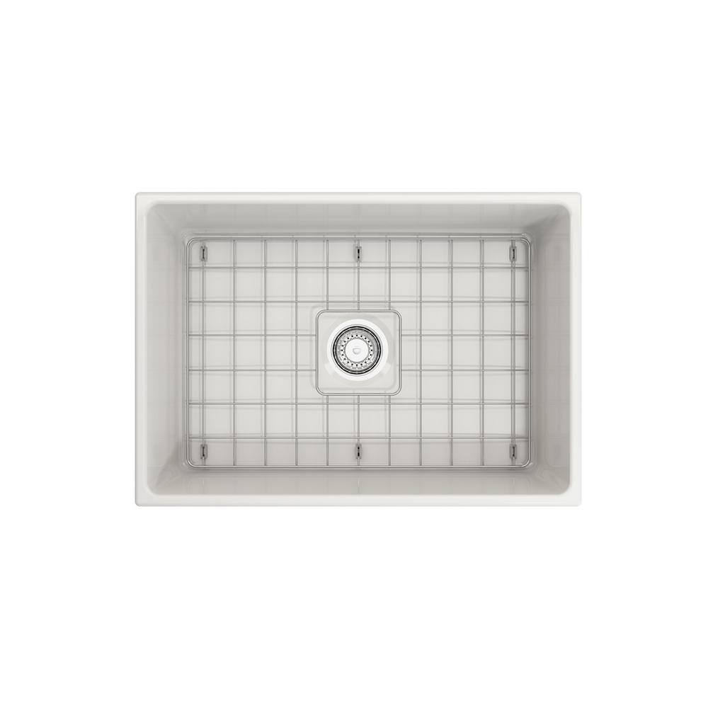 BOCCHI Contempo Farmhouse Apron Front Fireclay 27 in. Single Bowl Kitchen Sink with Bottom Grid and Strainer in White 1356-001-0120