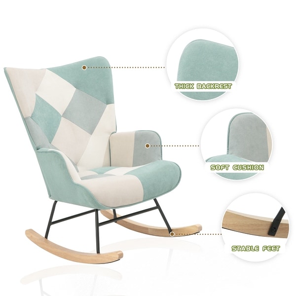 Fabric Rocker Chair with Wood Legs and Patchwork Linen