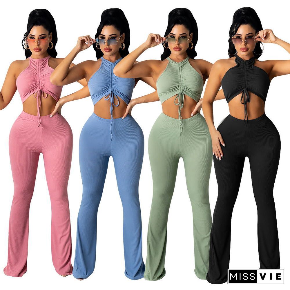 Solid Bandage Sleeveless Crop Top Flare Pants Set