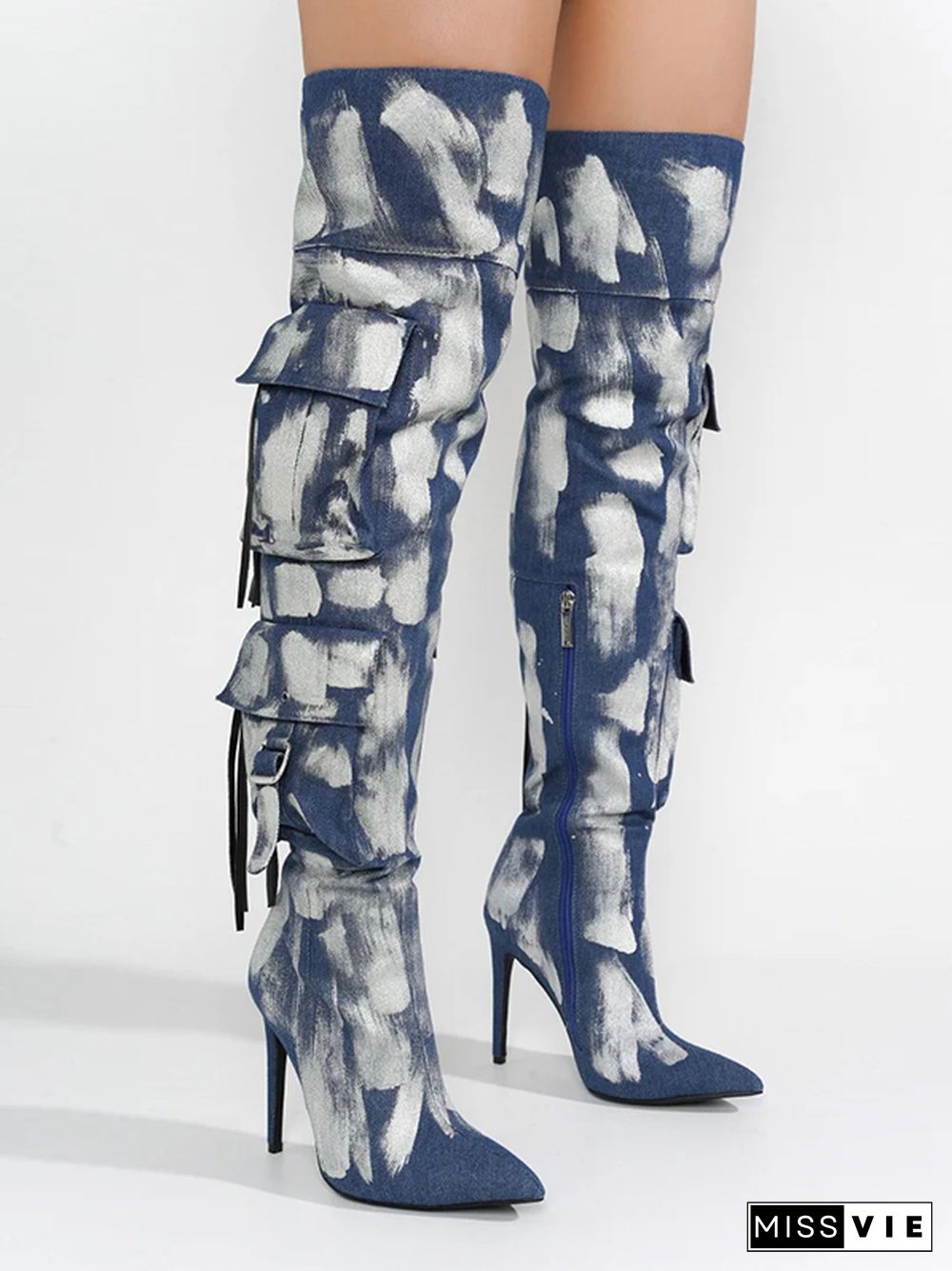 Detroit Thigh-High Metallic Denim Boots