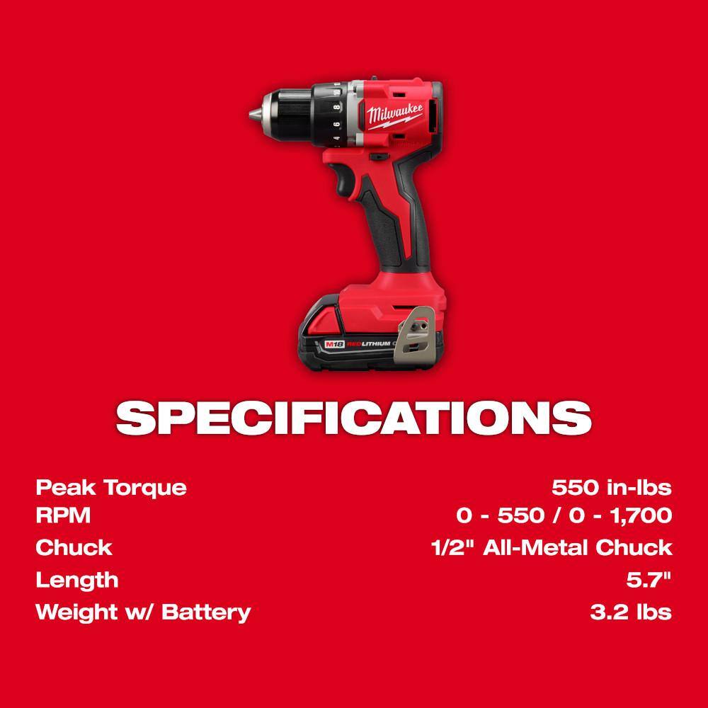 MW M18 18-Volt Lithium-Ion Brushless Cordless Compact DrillImpact Combo Kit (2-Tool) w(2) 2.0 Ah Batteries Charger  Bag 3692-22CT