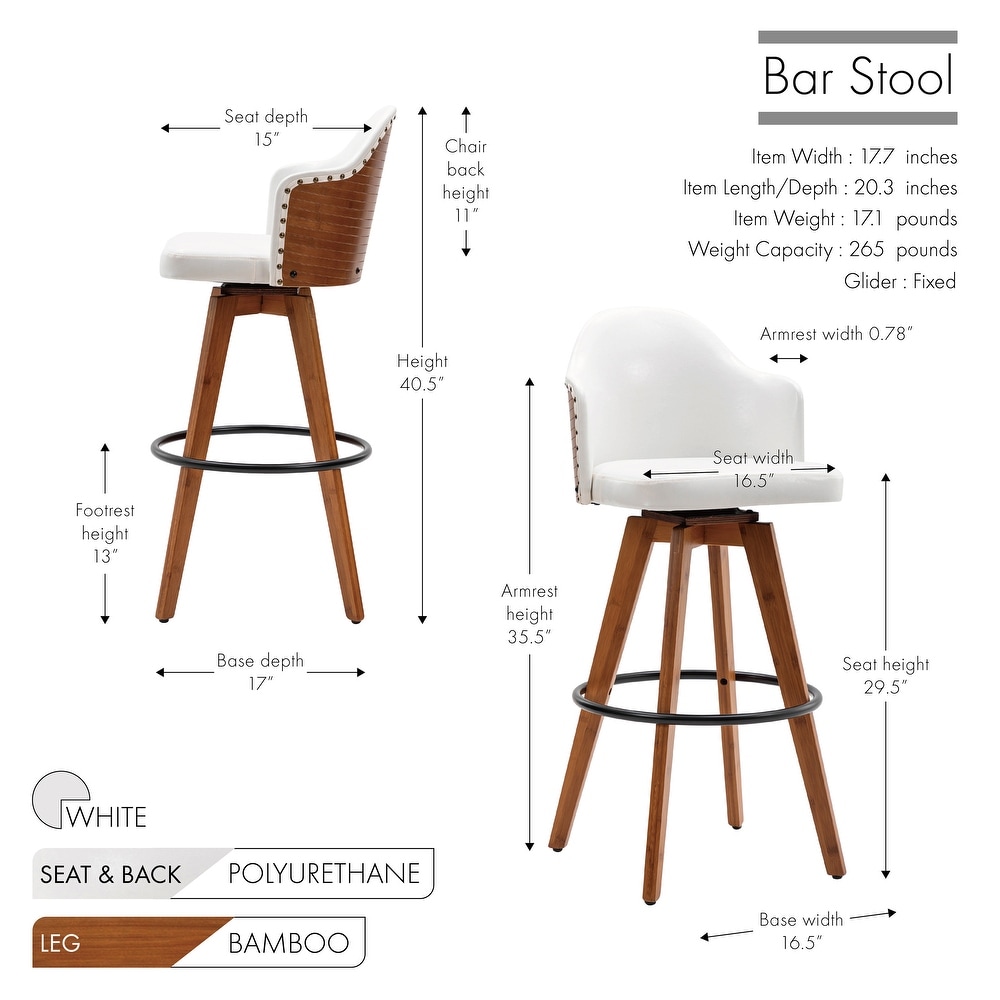 Porthos Home Idan Swivel Bar Stool  PU Leather Upholstery  Bamboo Legs