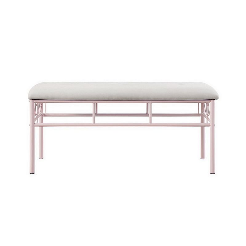 Metal Bench with Padded Seating and Scrolled Accents， Pink and Gray