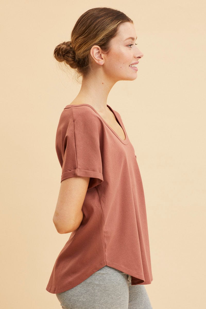 Brown Pocket Tee Scoop Neck Cotton Stretch Short Sleeve