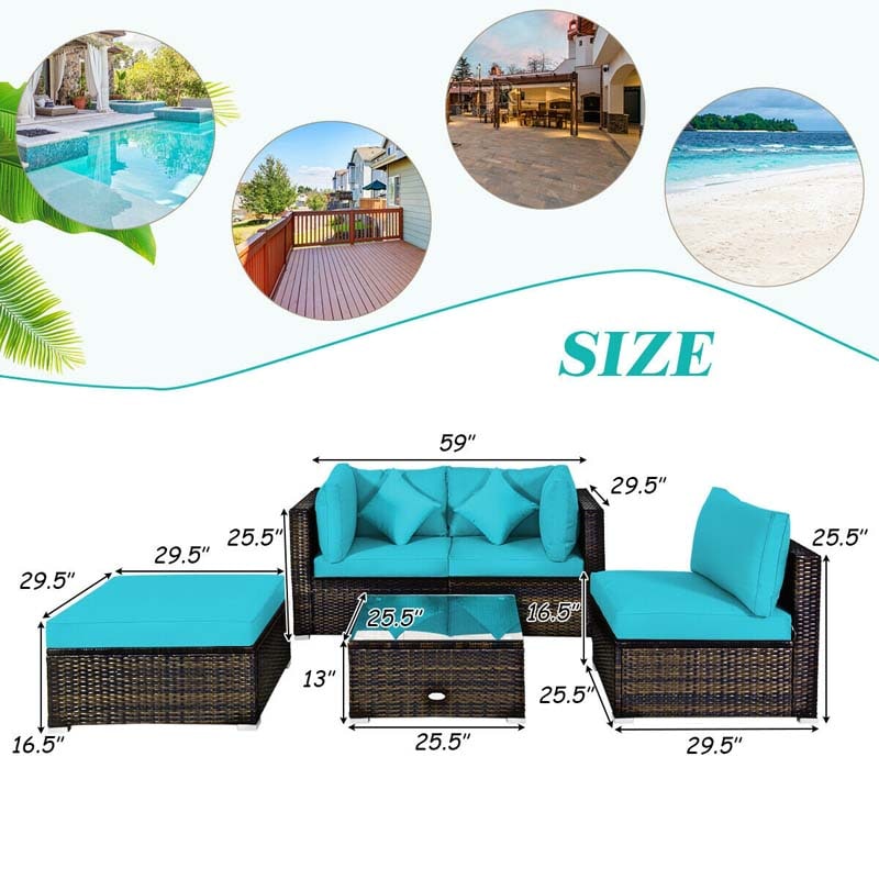 5 Pcs Outdoor Patio Rattan Furniture Sectional Sofa Set Wicker Conversation Set with Cushions