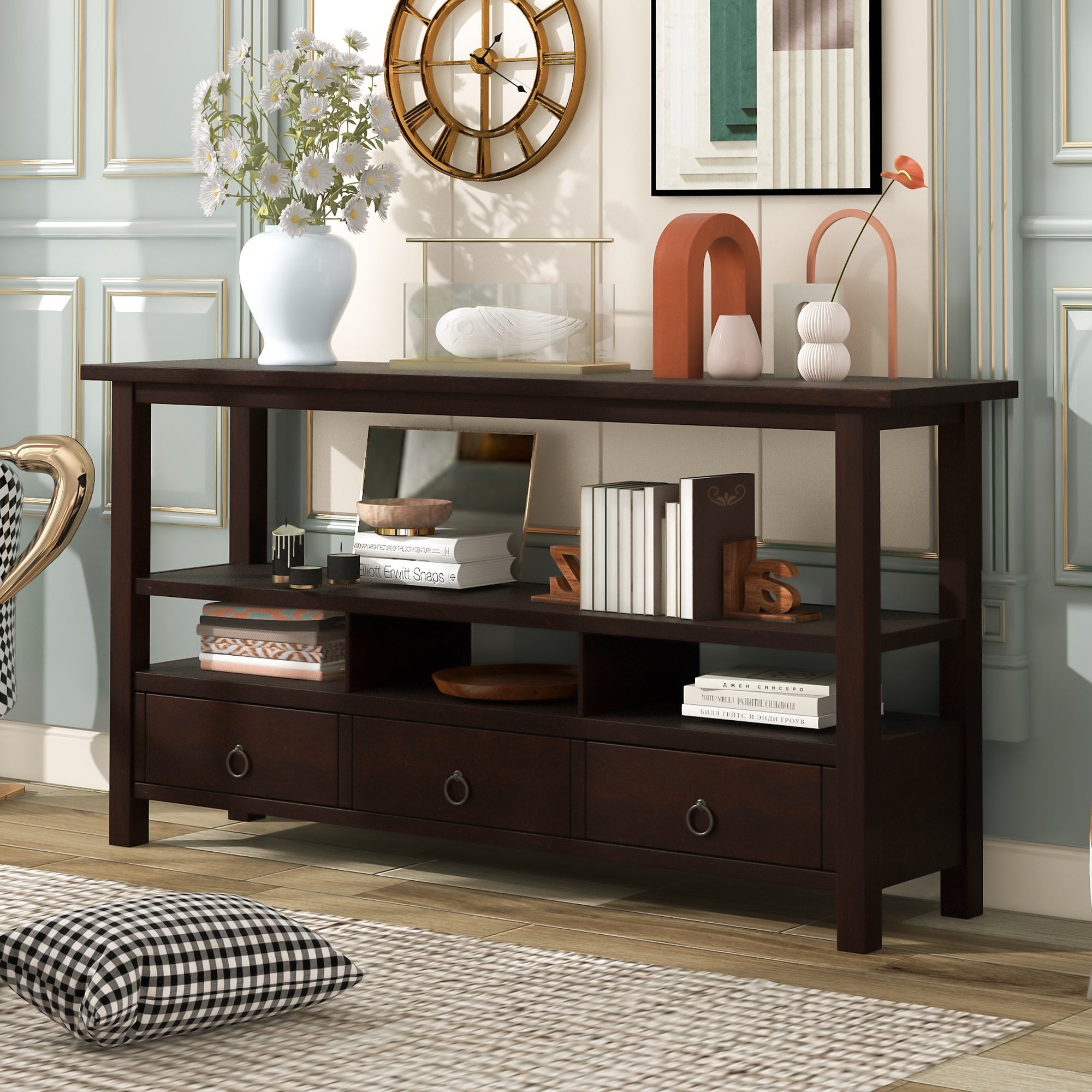 Living Room Solid Console Table Double-Storey Tabletop with 3 Drawers