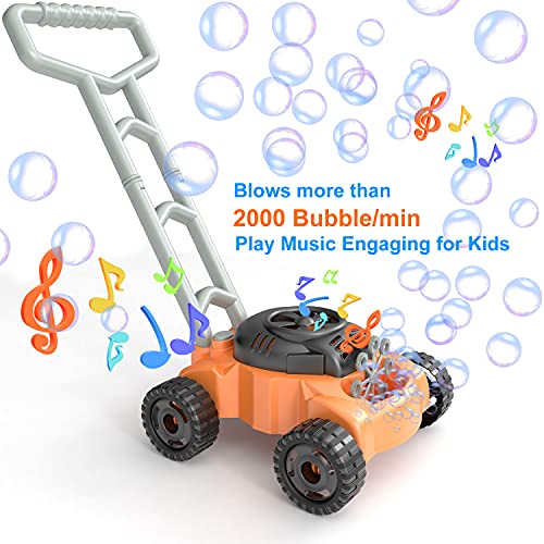 JUMELLA Lawn Mower Bubble Machine for Kids - Automatic Bubble Mower with Music， Baby Activity Walker for Outdoor， Push Toys for Toddler， Christmas Birthday Gifts for Preschool Boys Girls 2-6 Years Old