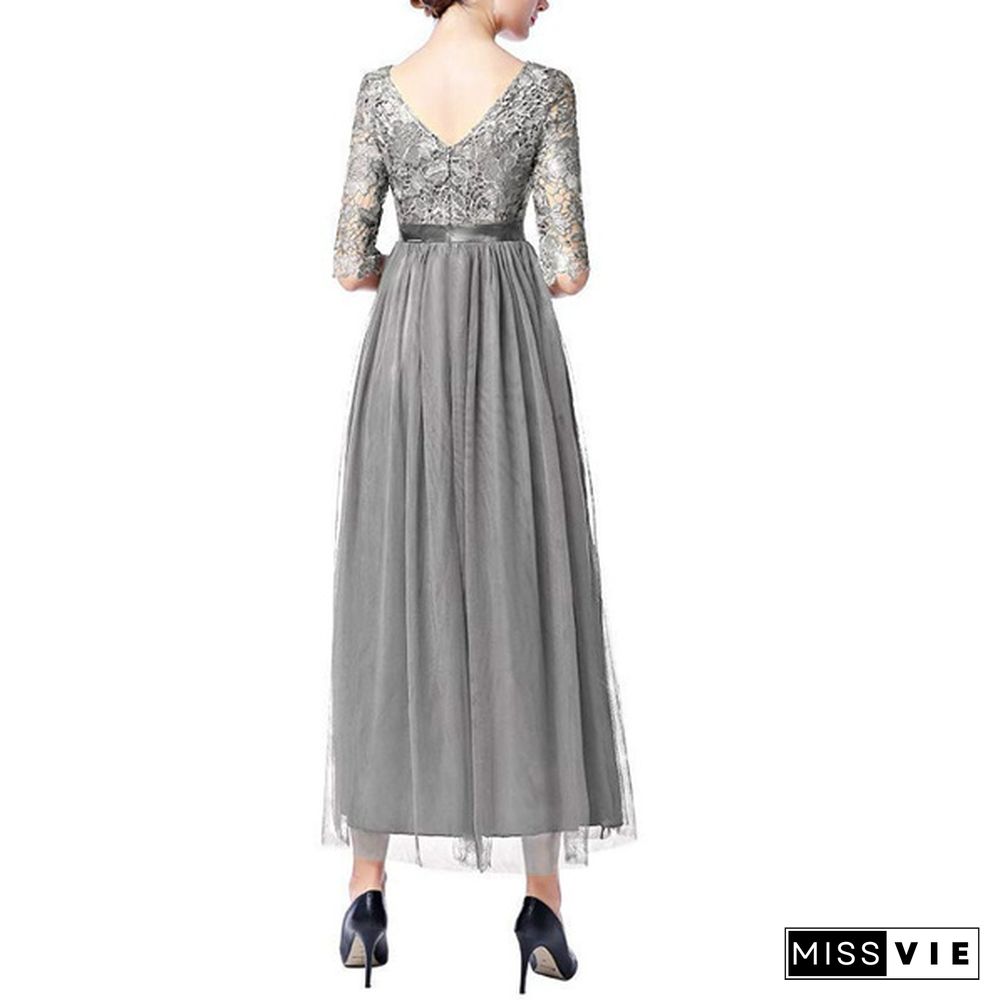 Women's Vintage Floral Lace 3/4 Sleeves Floor Length Retro Evening Cocktail Formal Bridesmaid Gown Long Maxi Dress