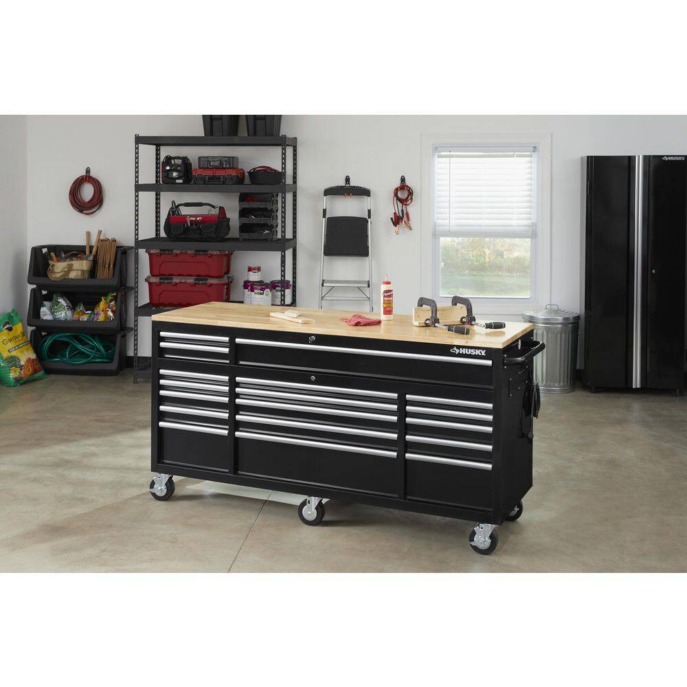 Husky 72 in. W x 24 in. D Standard Duty 18-Drawer Mobile Workbench Tool Chest with Solid Wood Top in Gloss Black HOTC7218B12M