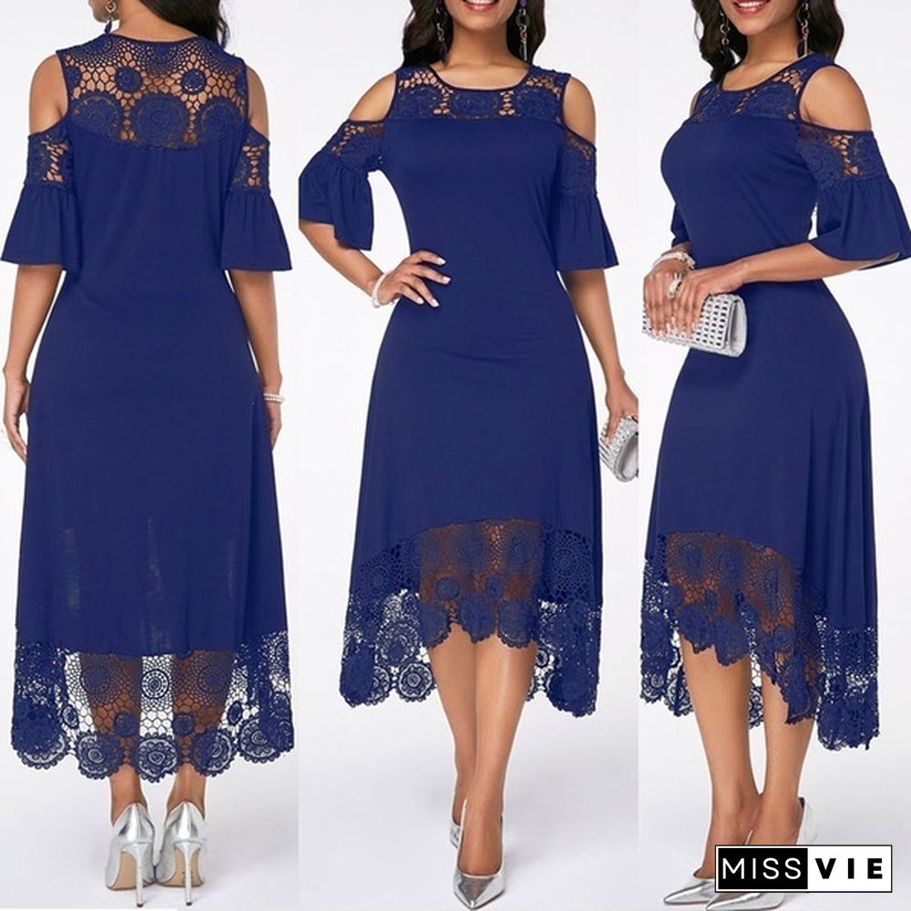 Fashion Women Elegant Crochet Lace Cold Shoulder Long Dress Party Casual Dress Plus Size