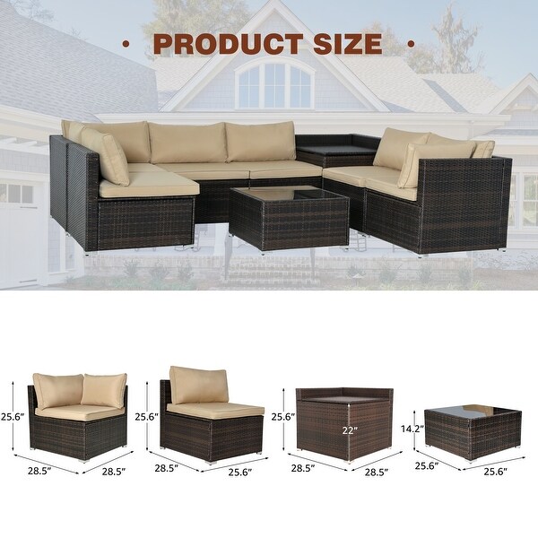 8Piece Brown Outdoor Rattan Furniture Sets with 6 Sofas，1 Coffee Table，Storage Box and Cushions