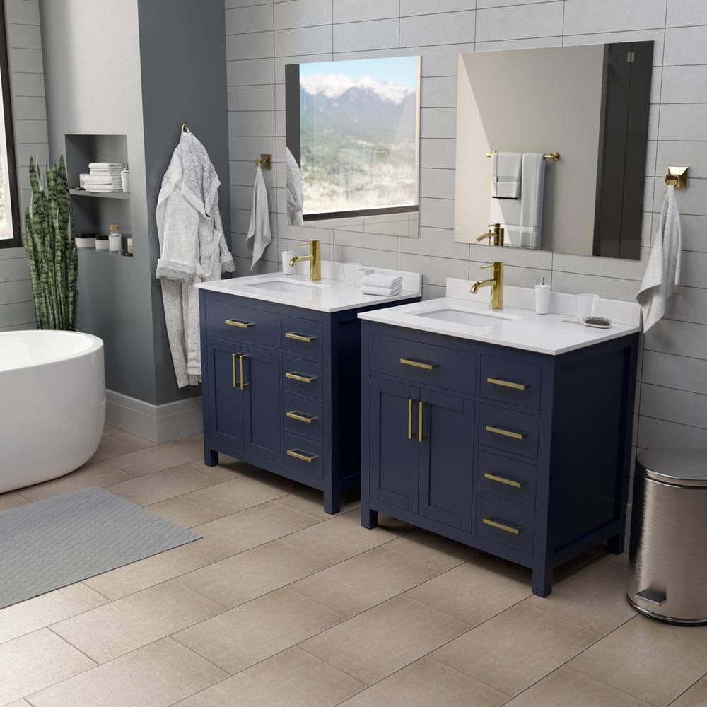 Wyndham Collection Beckett 36 in. W x 22 in. D x 35 in. H Single Sink Bathroom Vanity in Dark Blue with Carrara Cultured Marble Top WCG242436SBLCCUNSMXX