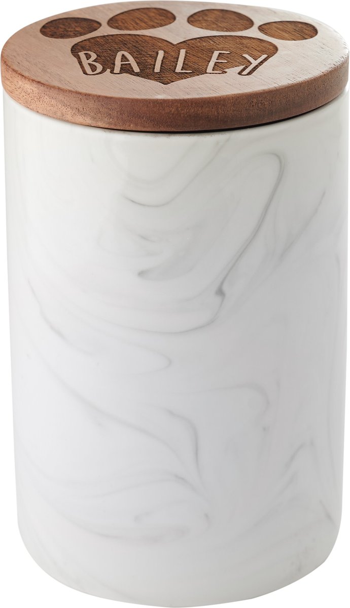 Frisco Ceramic Marble Print Personalized Treat Jar with Wood Lid， 3.75 Cups