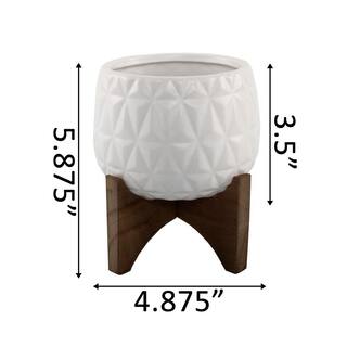 Flora Bunda 5 in. Matte White Kaleid Ceramic on Wood Stand Mid-Century Planter CT1223E-MTWH