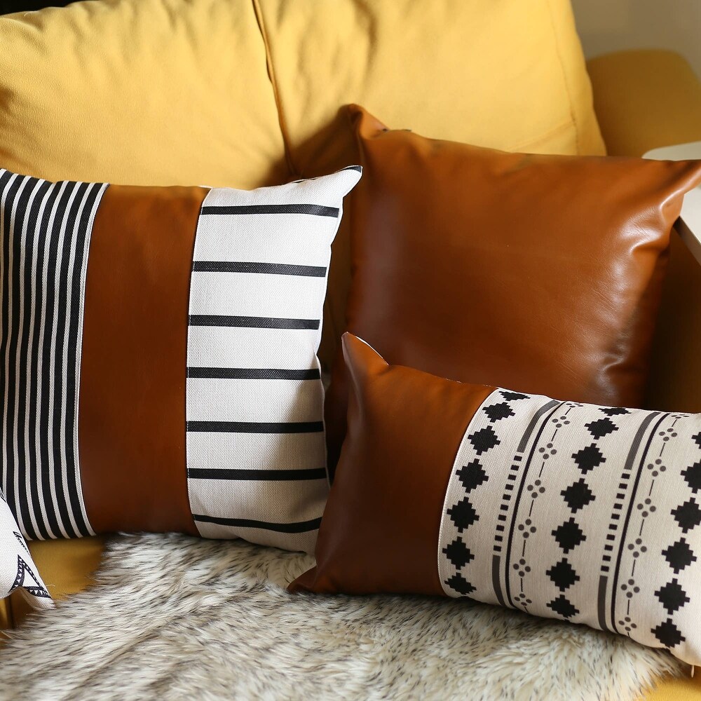 Bohemian Vegan Faux Leather Throw Pillow Covers Set of 2