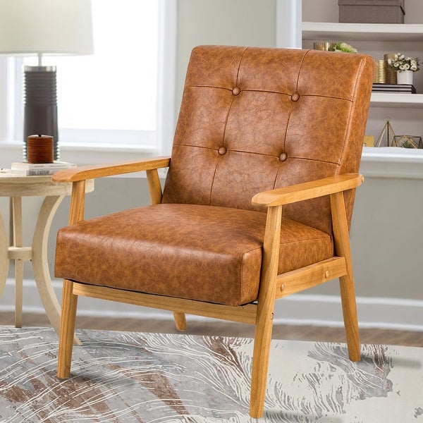 Brown Leather Accent Chair with Solid Wood Legs - Upholstered Lounge Arm Chairs