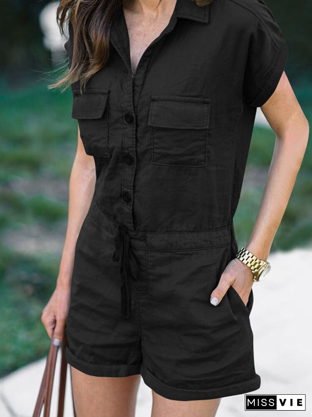 Solid Button Pocket Drawstring Lapel Romper