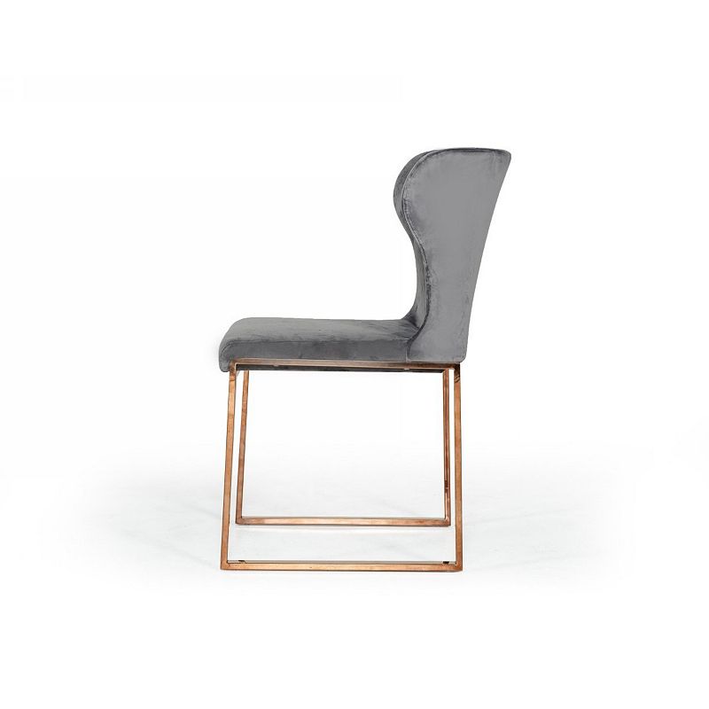 High Wing Back Metal Armless Dining Chair with Sled Base， Gray and Rosegold