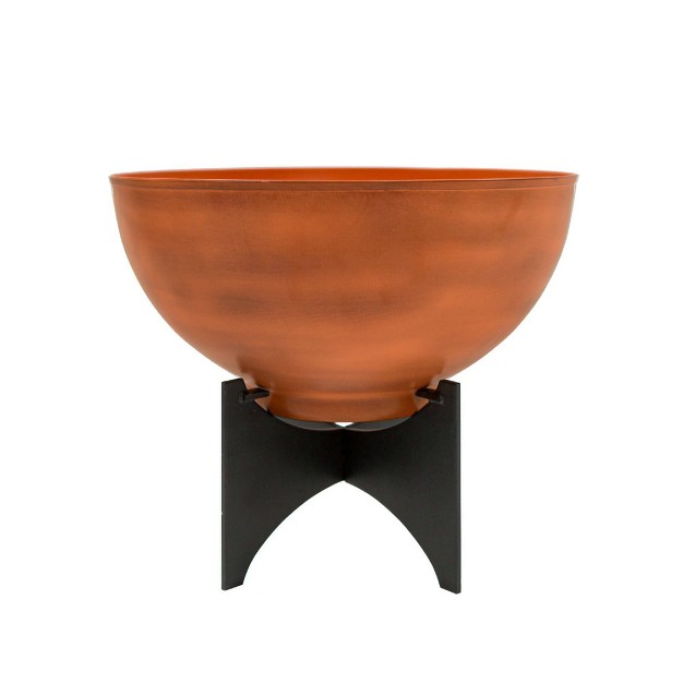 Wide Galvanized Steel Planter Bowl With Black Wrought Iron Plant Stand Burnt Sienna