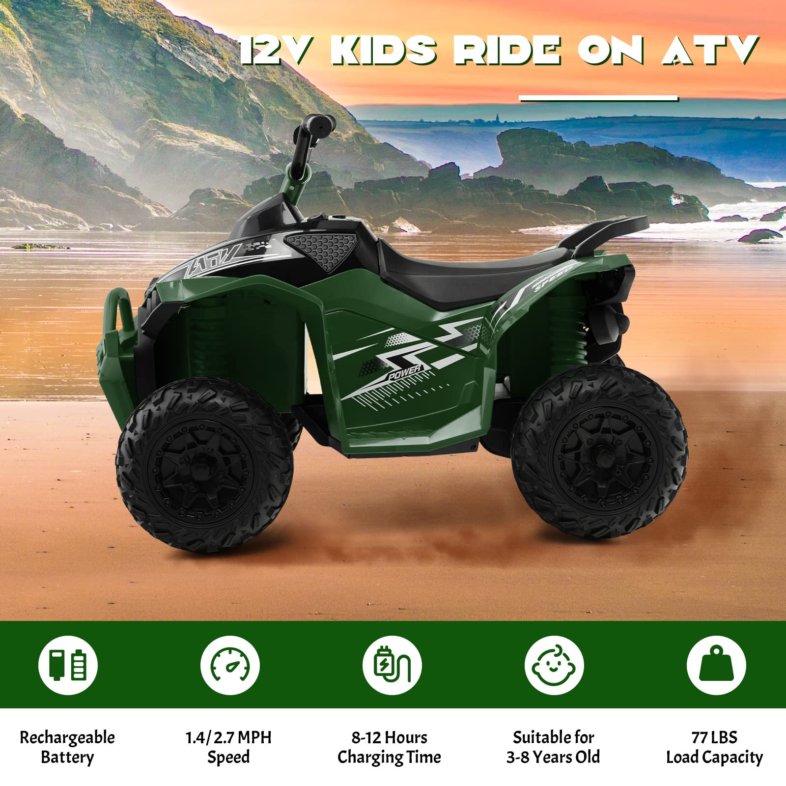 Costzon Kids ATV, 12V Battery Powered Electric Vehicle, Ride on 4 Wheeler Quad