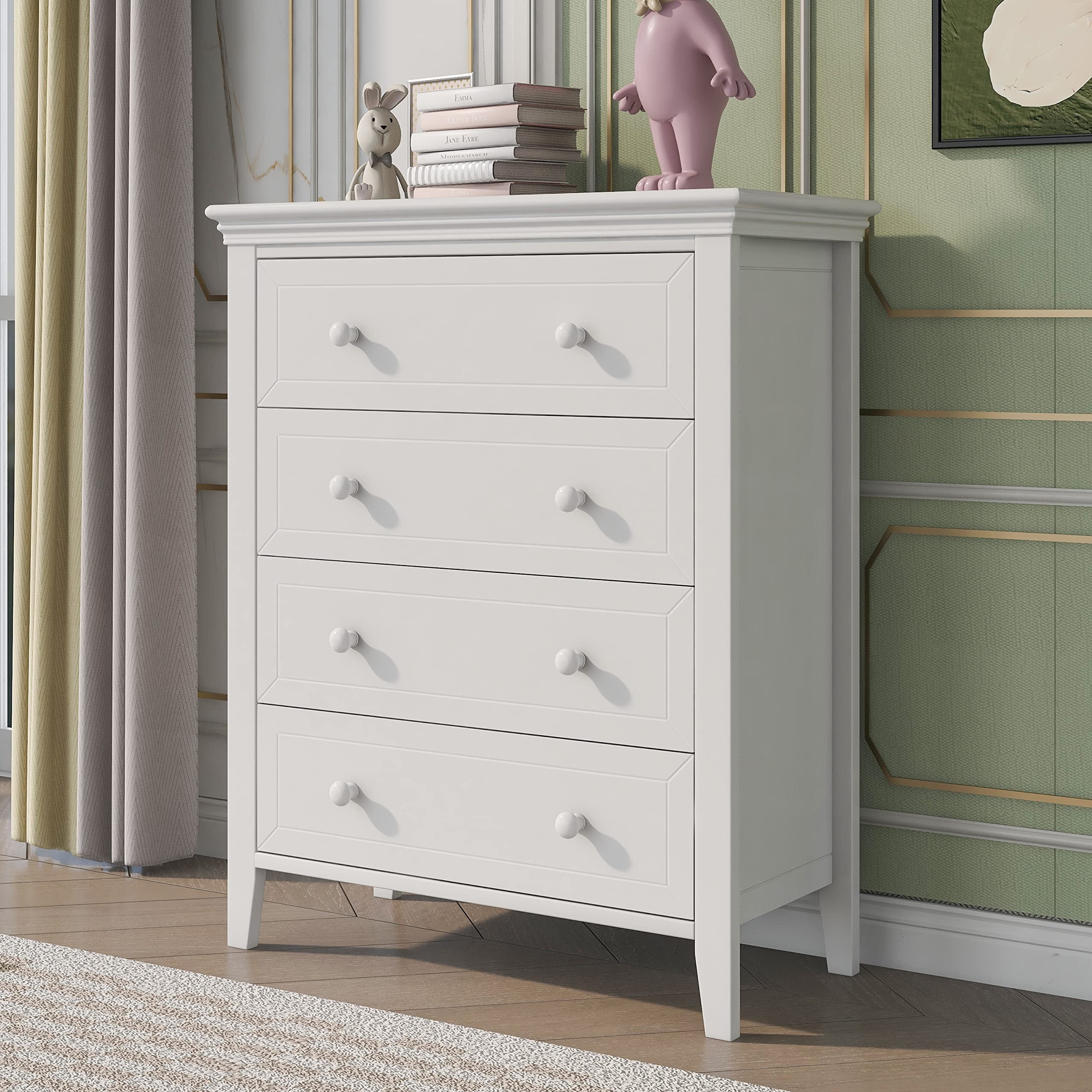 4-Drawer Dresser， White Wooden Chest with Round Handle， Tall Storage Cabinet for Bedroom Living Room， Entryway， Porch - - 37668370