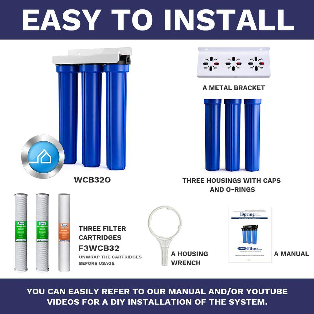 ISPRING 3-Stage Whole House Water Filtration System w 20 in. x 2.5 in. Oversized Fine Sediment and Carbon Block Filters WCB32-O