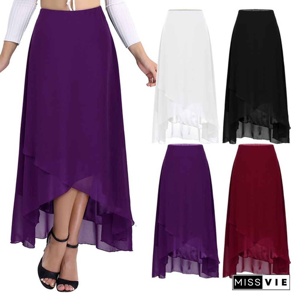 Ladies Elegant Summer High Waist Solid Color Maxi Long Chiffon Skirt For Beach Casual Wear