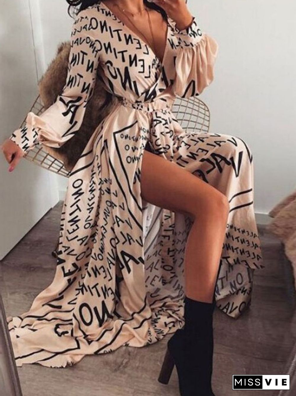 Letter Print Waist Slit Sexy Big Swing Dress