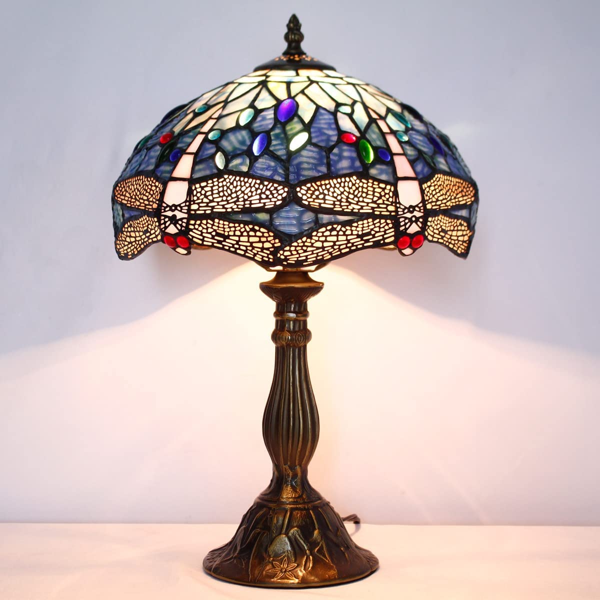 SHADY Tiffany Table Lamp Blue Stained Glass Dragonfly Style Desk Bedside Reading Light 12X12X18 Inches Decor Bedroom Living Room Home Office S631 Series