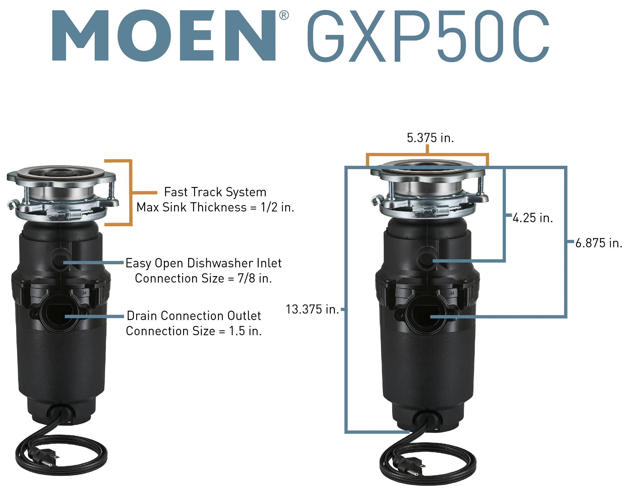 Moen GXP50C Prep Corded 1/2-HP Continuous Feed Noise Insulation Garbage Disposal