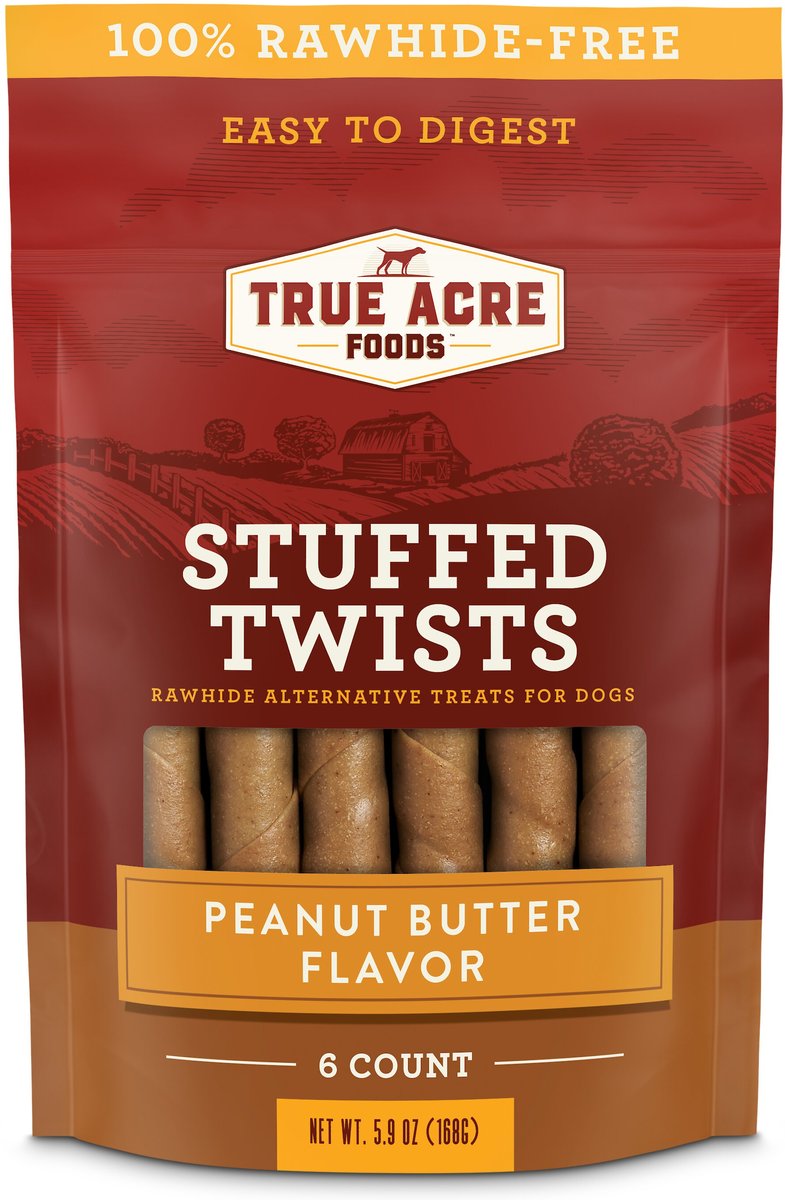 True Acre Foods Rawhide-Free Stuffed Twists Peanut Butter Flavor Treats， 6 count