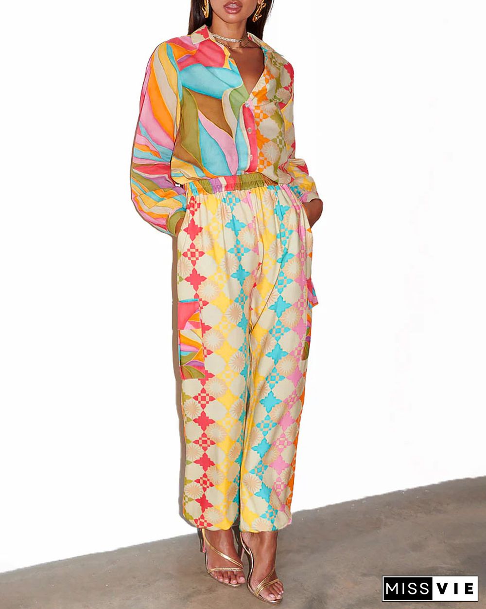 Fashion Colorful Graphic Print Shirt & Pants Two-piece Set