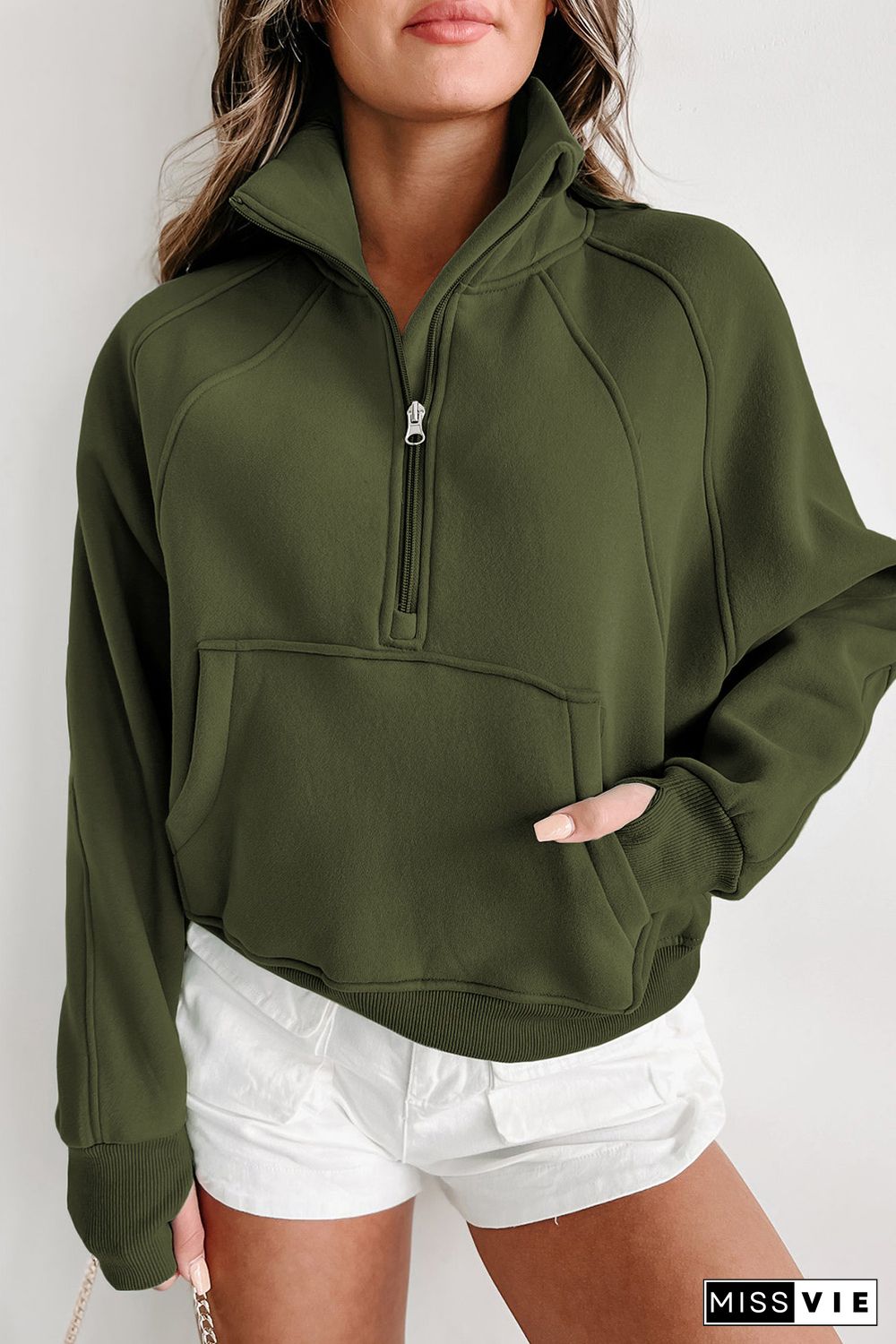 Green Zip Up Stand Collar Ribbed Thumbhole Sleeve Sweatshirt