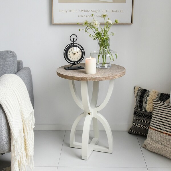 Farmhouse Round End Table， Rustic Wood Side Table for Living Room/Bedroom， White/Natural