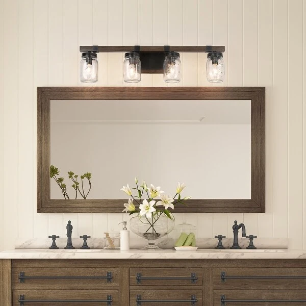 Kole Farmhouse 4-Light Wood Linear Bathroom Vanity Lights Mason Jars Wall Sconces