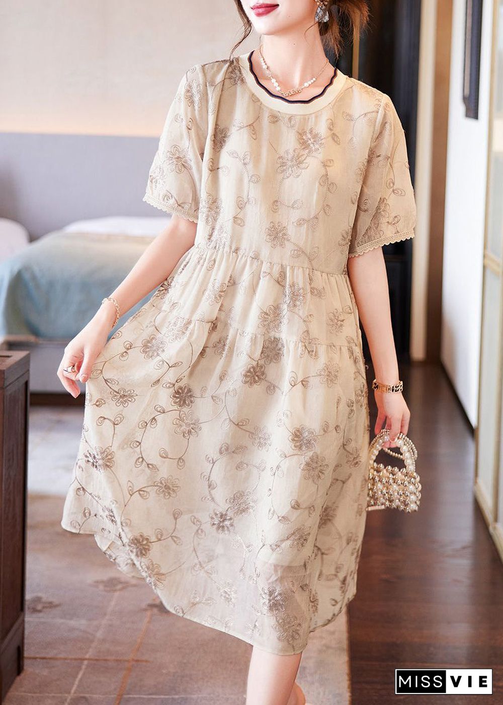 Boutique Beige O-Neck Patchwork Print Chiffon Long Dresses Summer