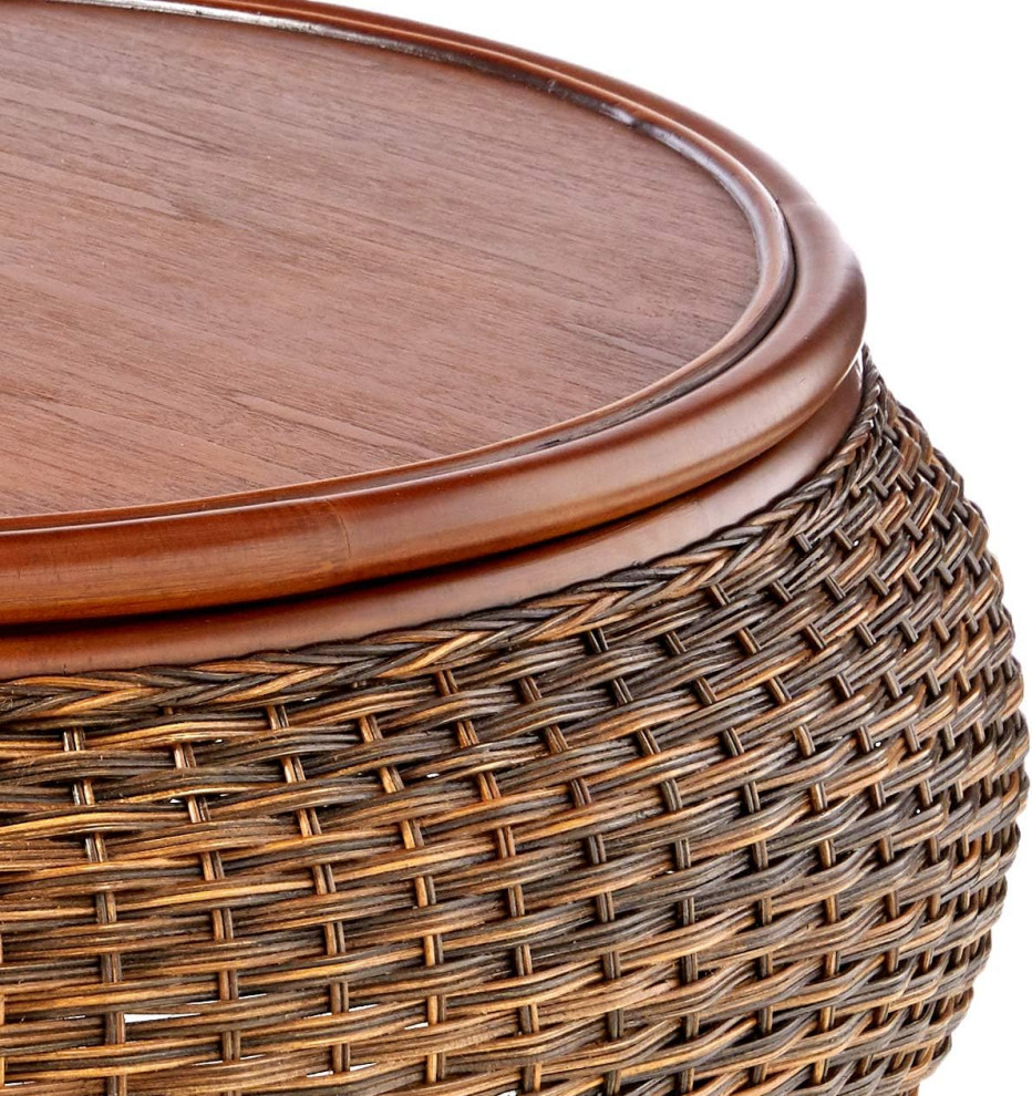 Traditional Coffee Table  Drum Shaped Rattan Construction With Round Top  Sienna   Tropical   Coffee Tables   by Decor Love  Houzz