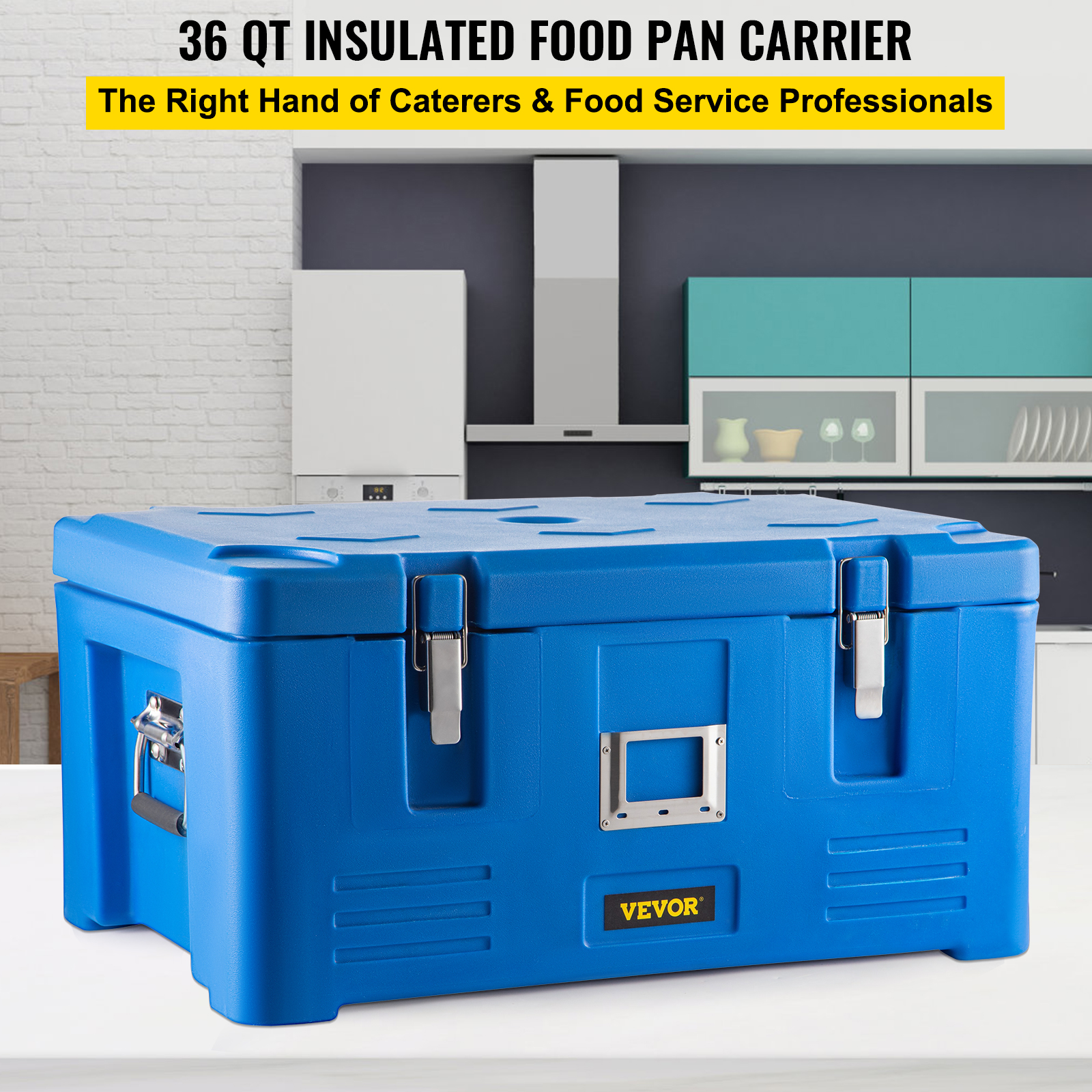 VEVOR Insulated Food Pan Carrier， 36Qt Capacity， Stackable Catering Hot Box with 3 Stainless Steel Pans， Top Load LLDPE Food Warmer with Elastic Side Handles and Buckles， for Restaurant Canteen， Blue