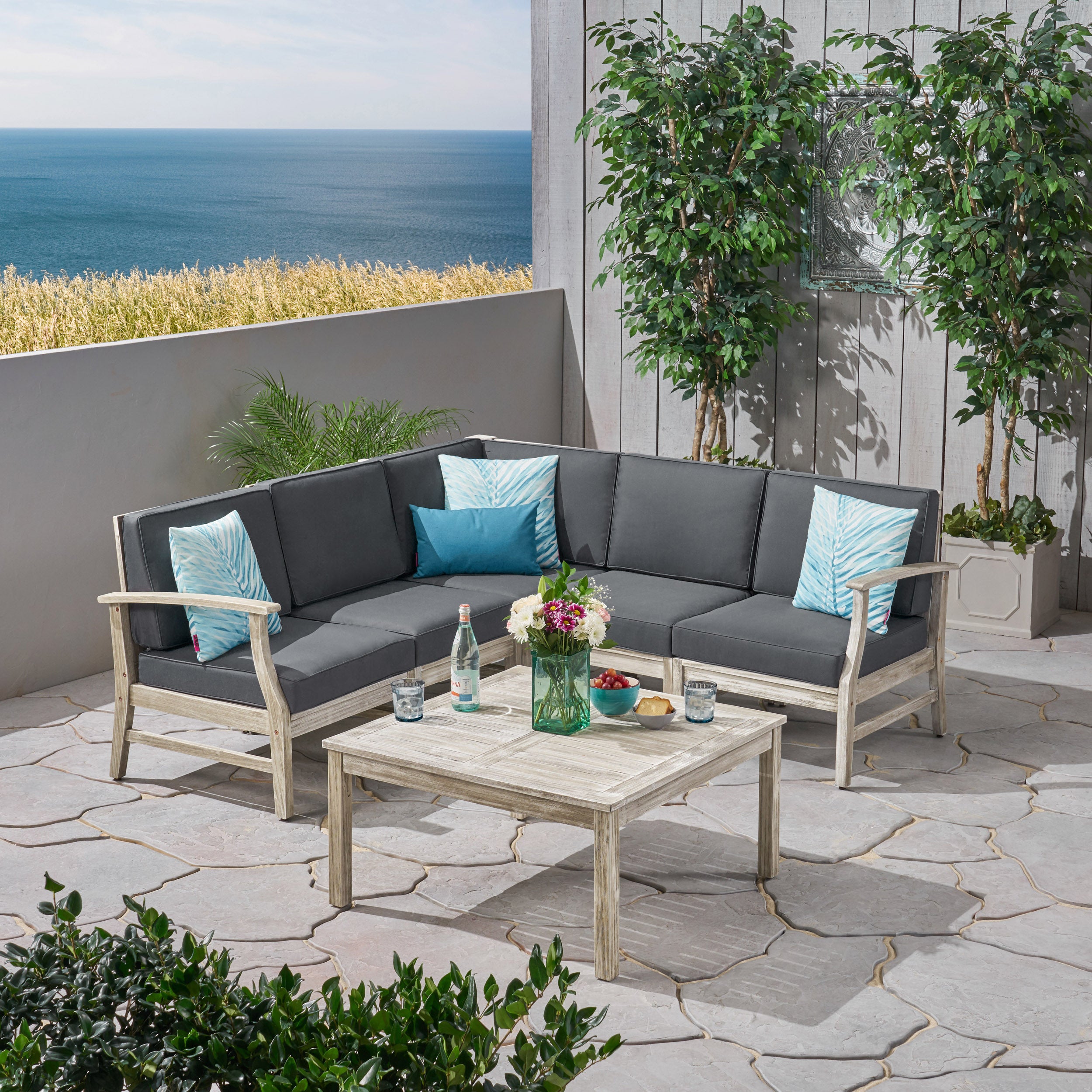 Martina Outdoor 6 Piece Acacia Wood Sectional Sofa and Coffee Table Set