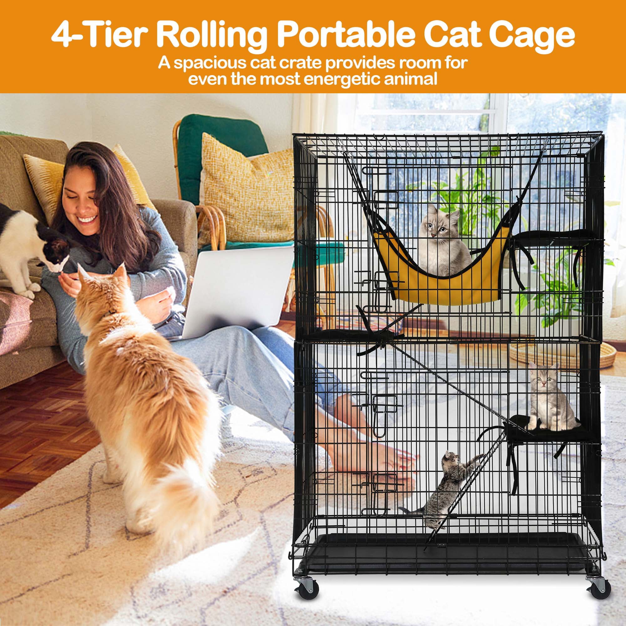 YRLLENSDAN 4-Tier Large Cat Cage， Ferret Chinchilla Cage Playpen Crate Enclosure Kennel Cat Home on Wheels Cat Cages and Playpens Indoor Outdoor 3X Ramp Ladders/1x Hammock